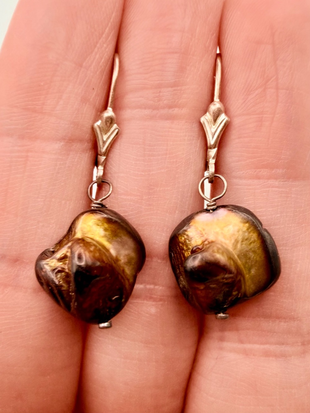 Vintage Sterling Silver Brown Blister Pearl Dangle Earrings